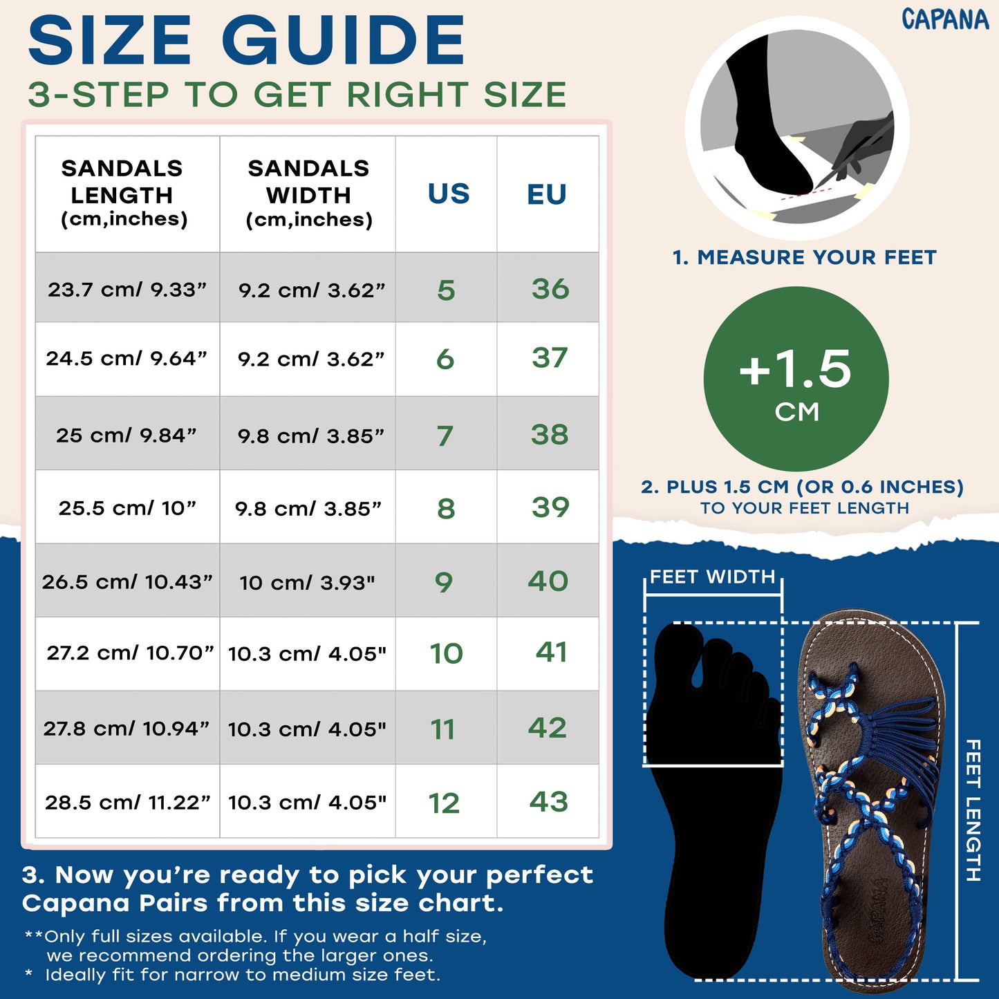 Capana size chart Blue Cantaloupe