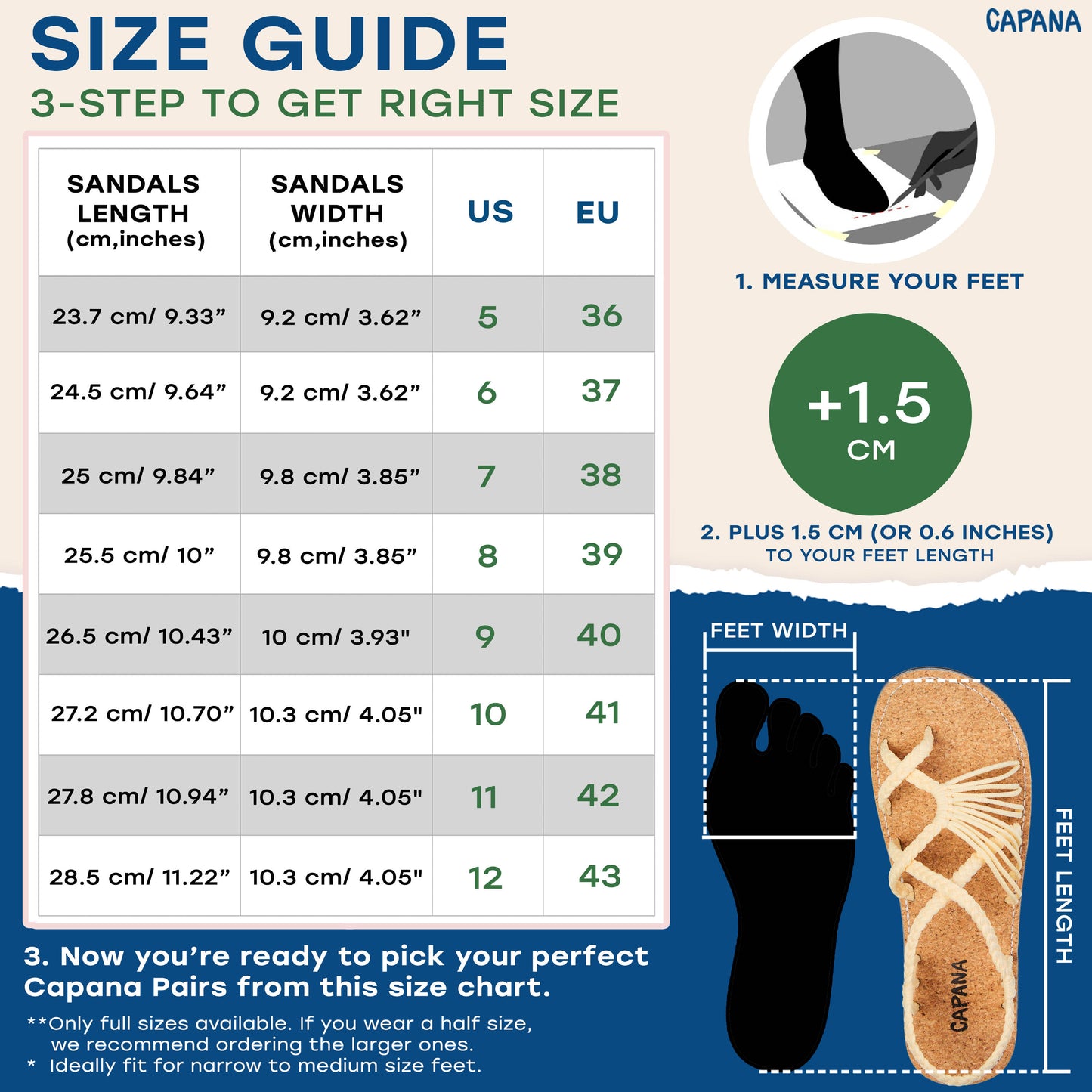 Capana size chart Cream Cork