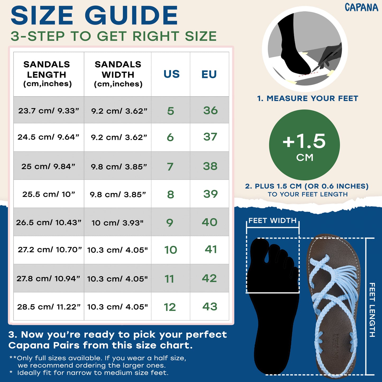 Capana size chart Maya Blue