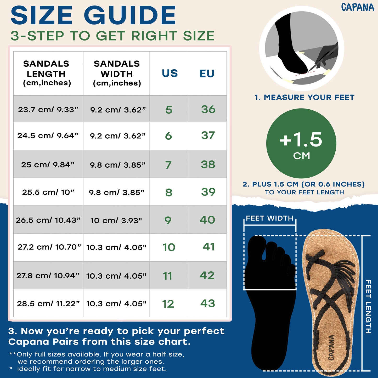 Capana size chart Black cork