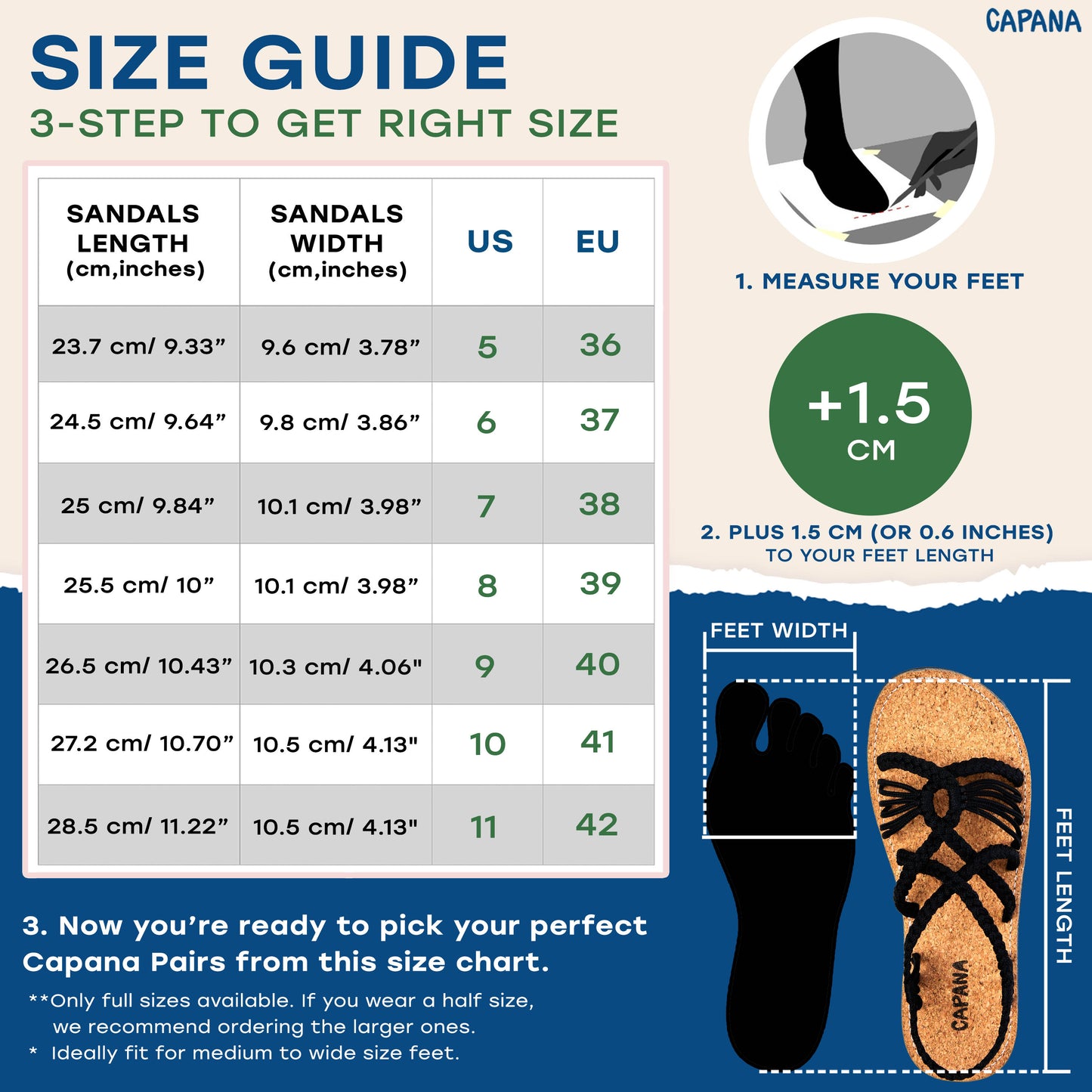 Capana size chart Black cork