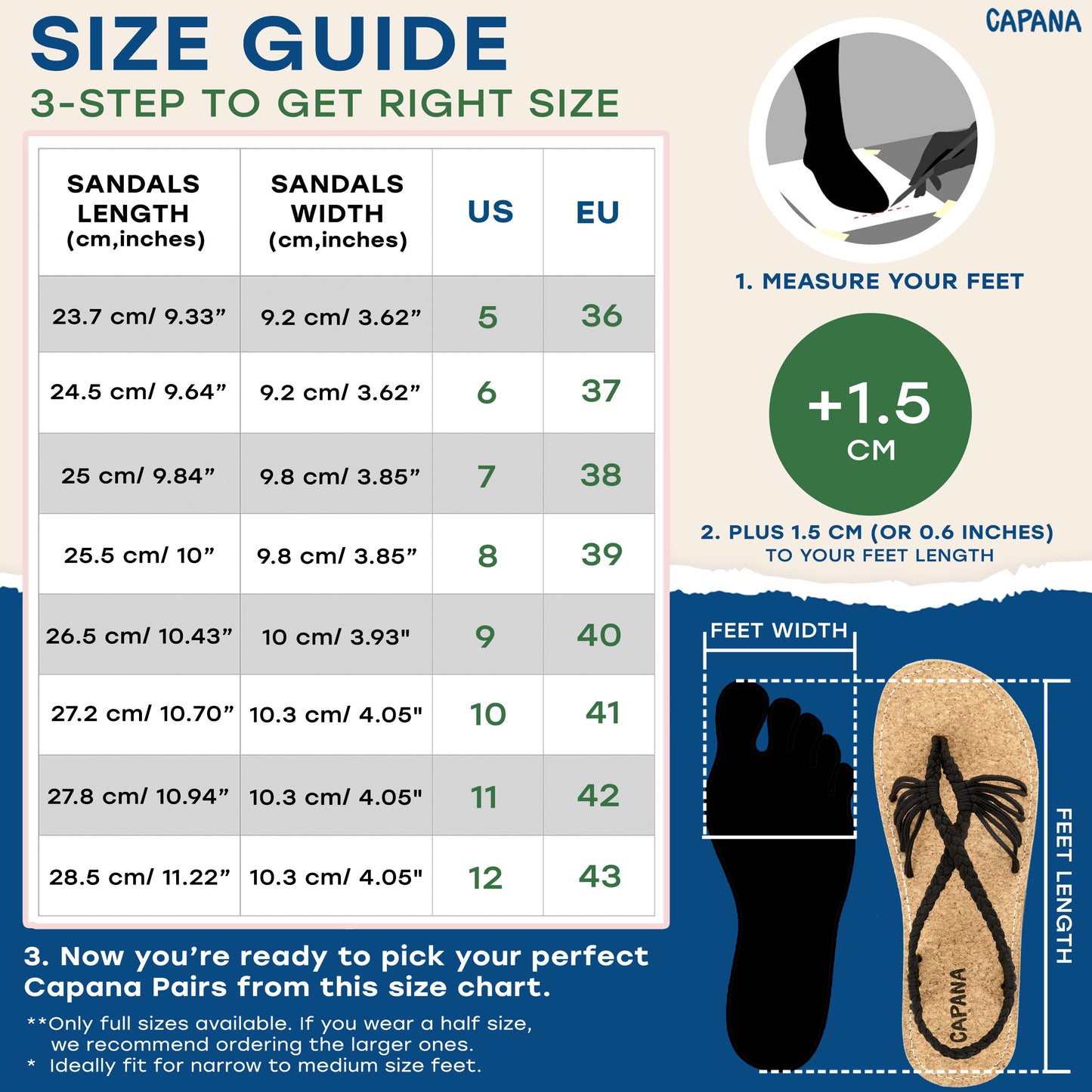 Capana Size Chart Balck Cork