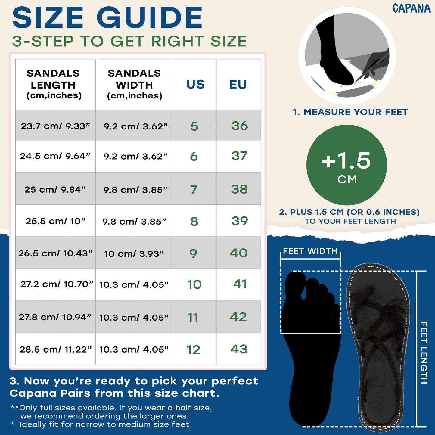 Capana size chart Classic Black