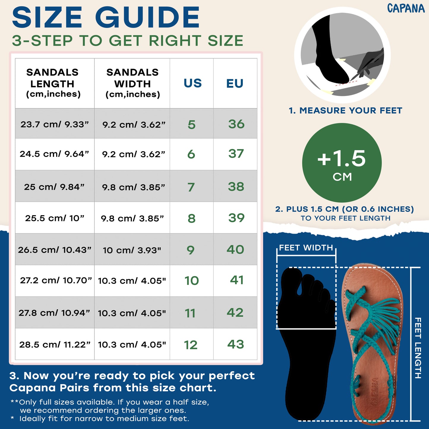 Capana size chart Deep Cyan (Teal)