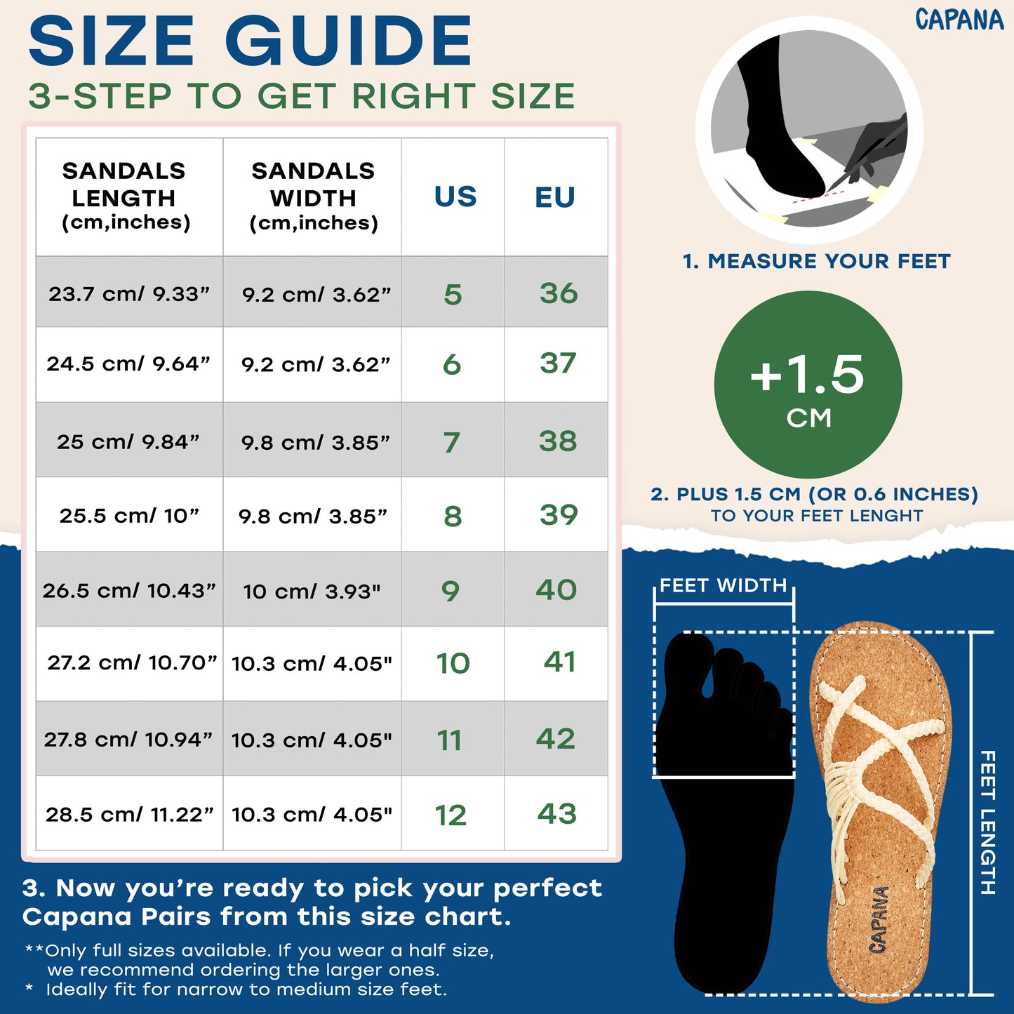 Capana Size Chart Cream Cork