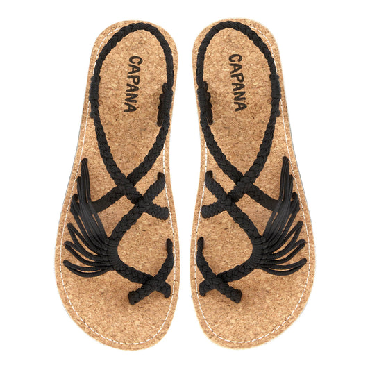 Handwoven Women's Flat Sandals Black Cork- Strappy Sandals for Women, Boho Sandals, Walking Sandals Women, Rope Sandals, Beach Sandals for Women, Water Sandals, Braided Flat Sandals for Women 