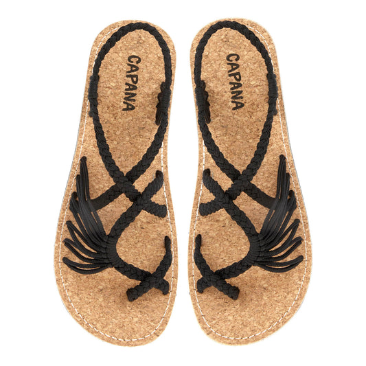 Handwoven Women's Flat Sandals Black Cork- Strappy Sandals for Women, Boho Sandals, Walking Sandals Women, Rope Sandals, Beach Sandals for Women, Water Sandals, Braided Flat Sandals for Women