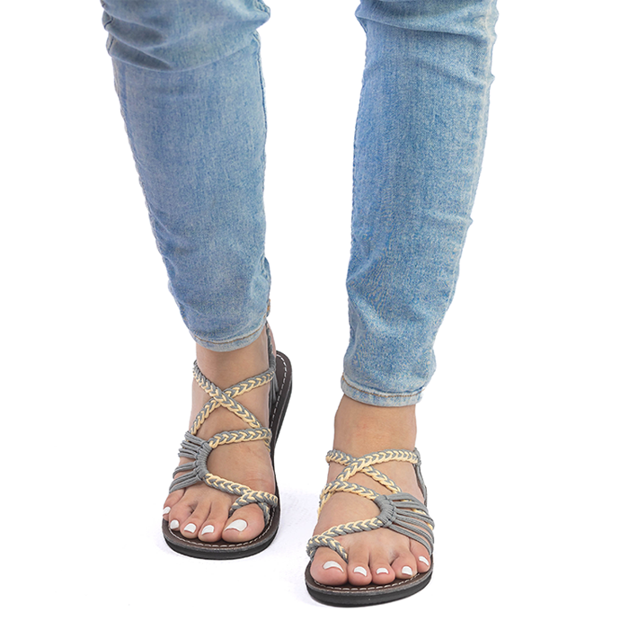 Hand woven sandals Cream Gray Rope on model