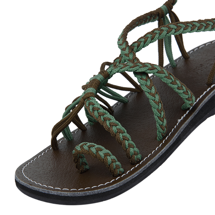 Hand woven sandals Green tea-Taupe Rope Sandals on the side close up in white background