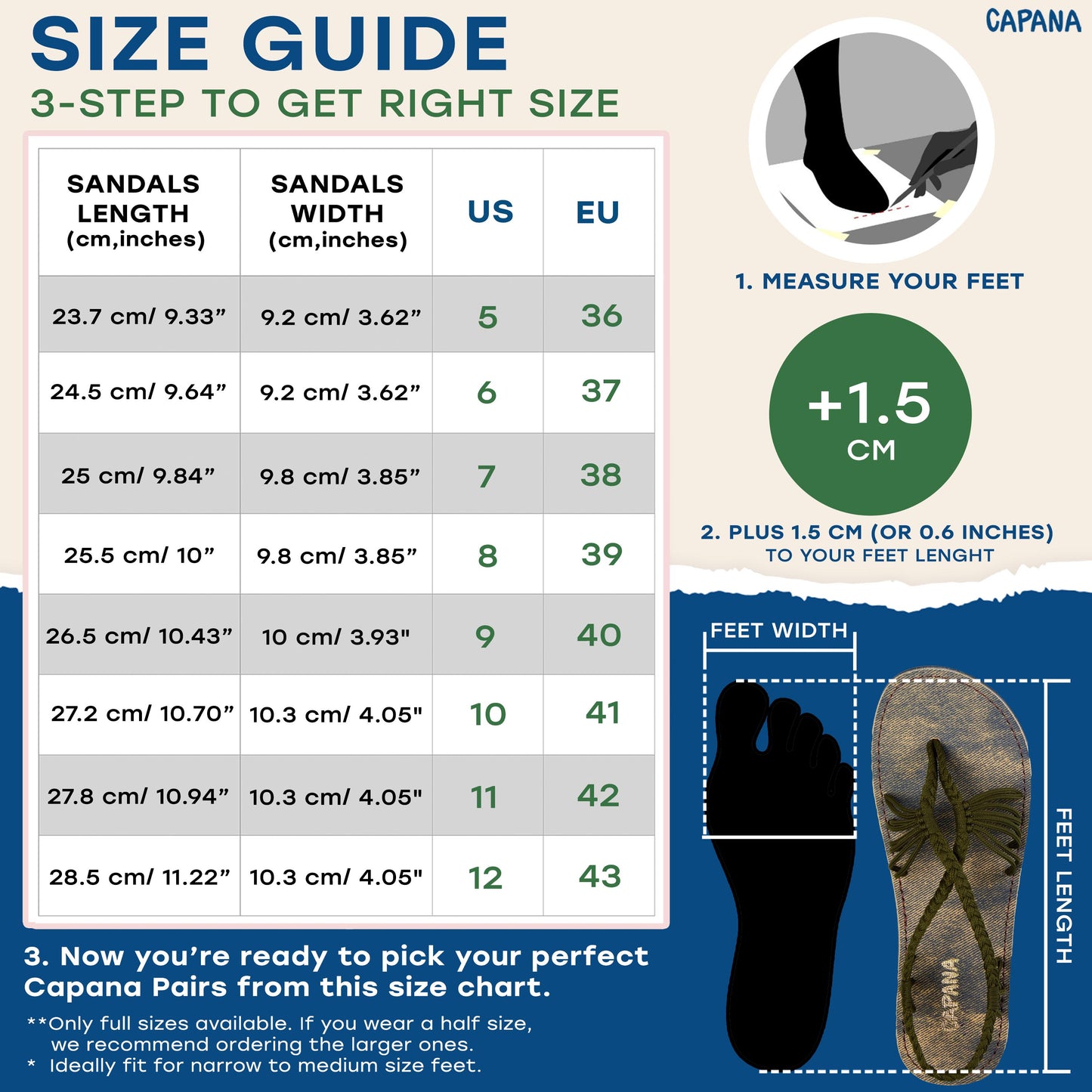 Capana size chart Olive Jeans