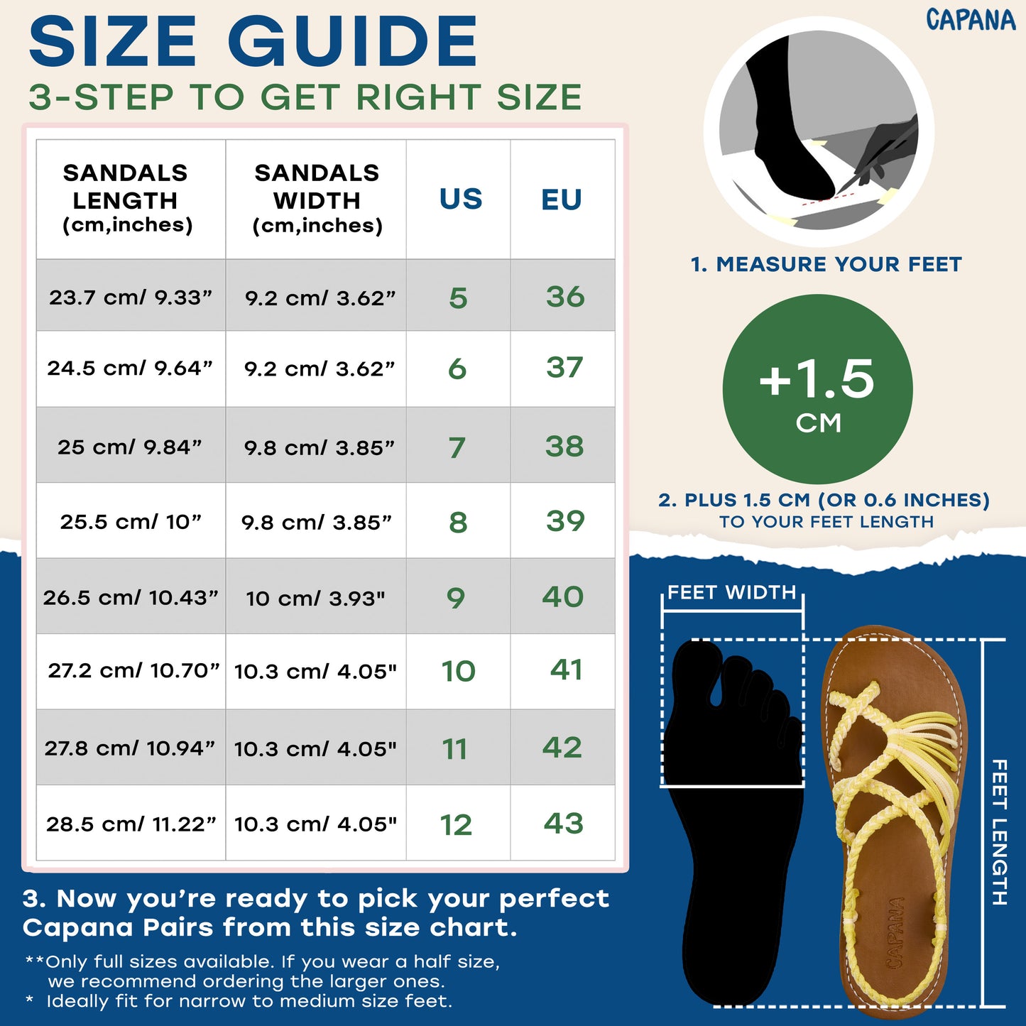 Capana size chart Yellow Cream