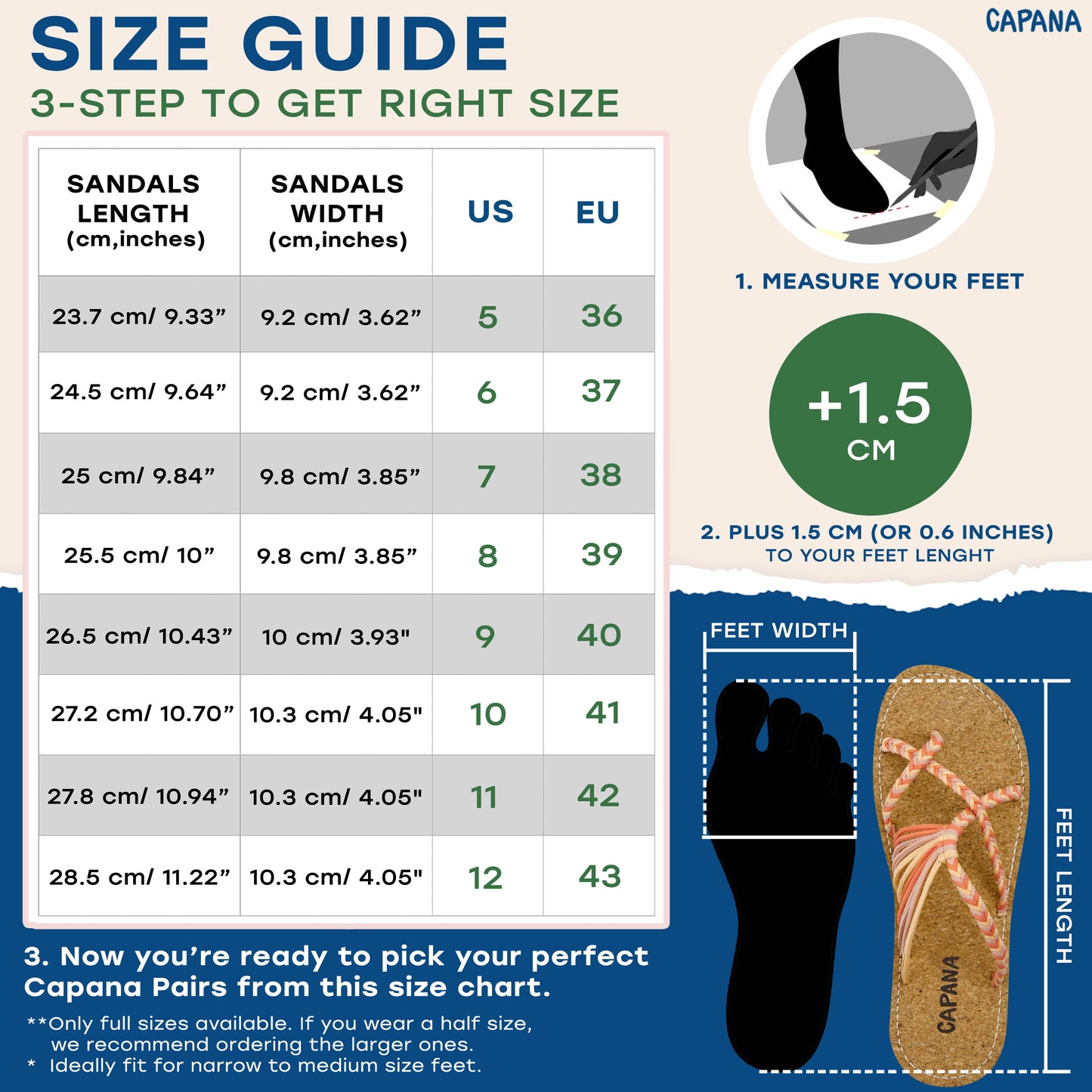 Capana size chart Sunset Hour