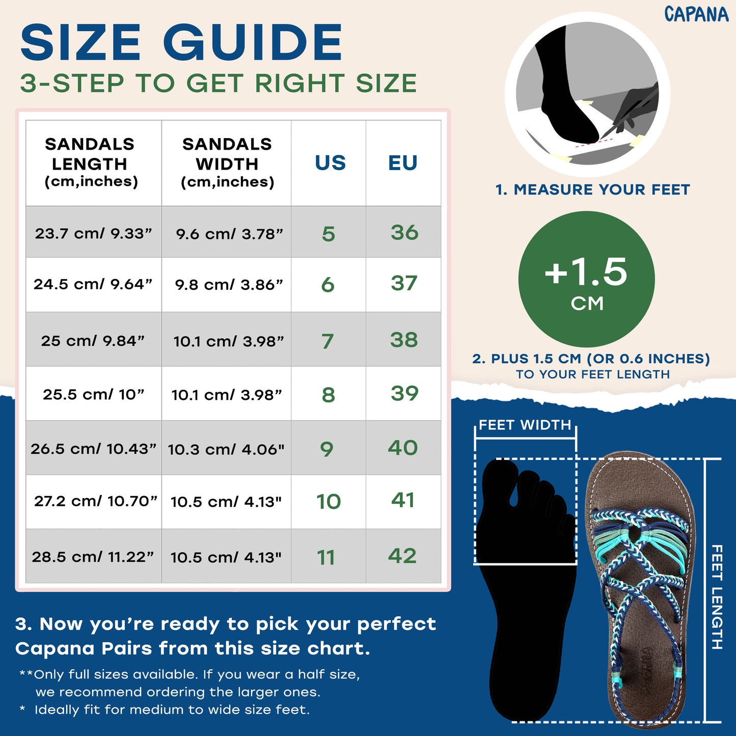 Capana size chart Marine Pistachio