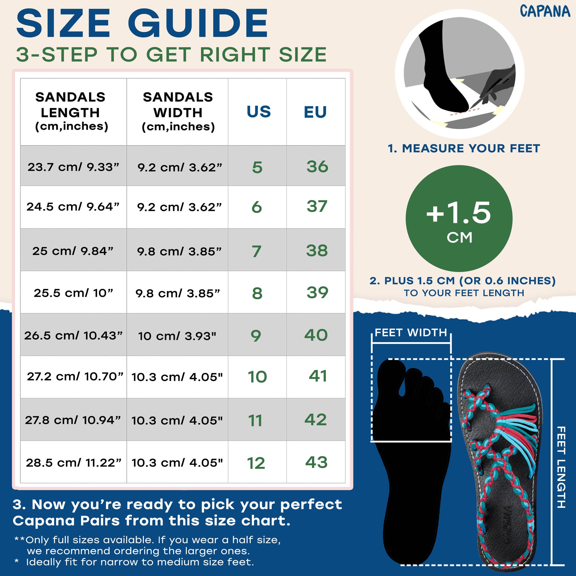 Capana size chart Red Teal