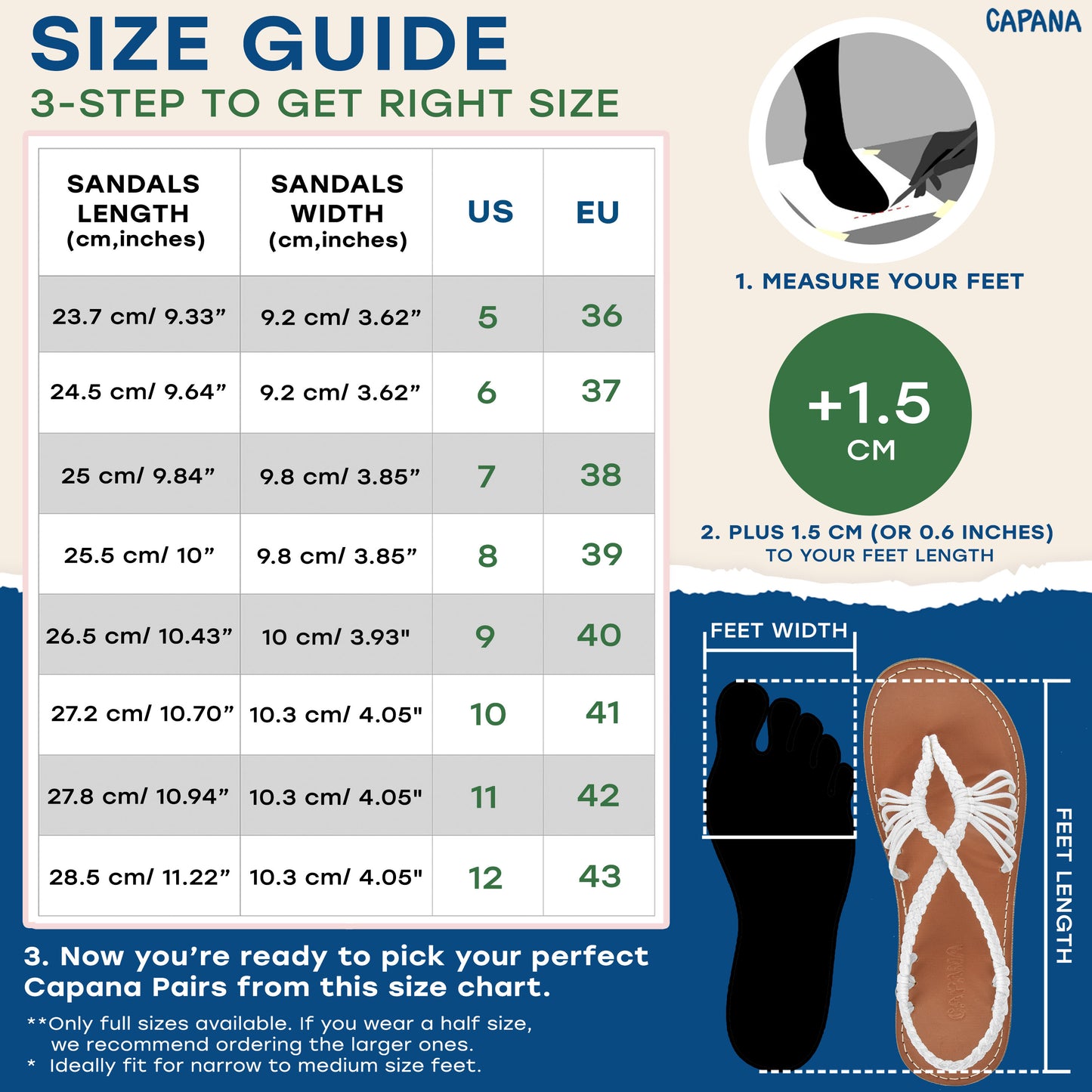 Capana size chart White