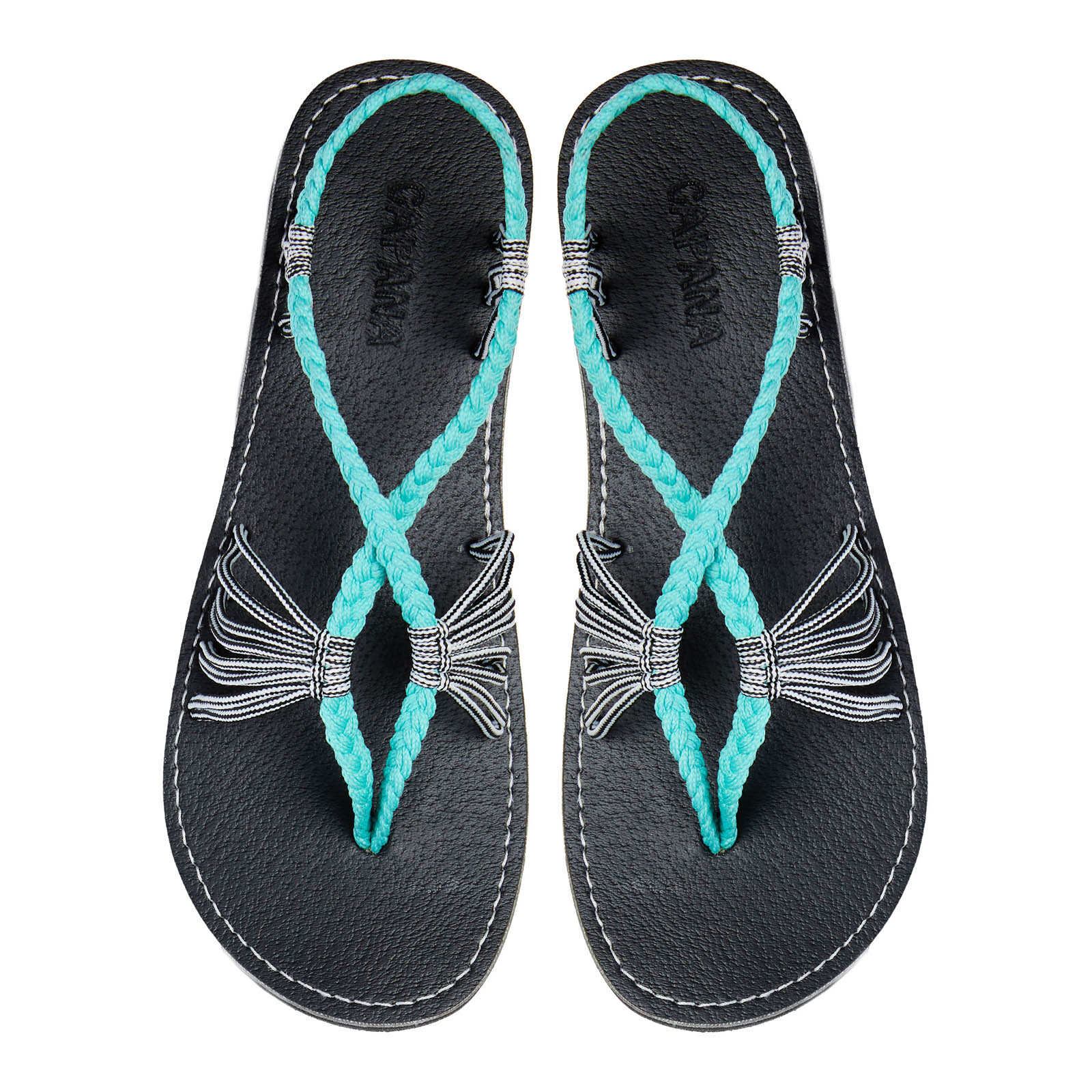Cocoon Turquoise Zebra Rope Sandals Teal Black White thong design Flat sandals for women