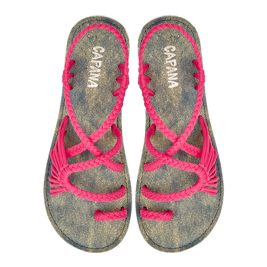 Commune Pink Jeans Rope Sandals Flamingo loop design Flat sandals for women