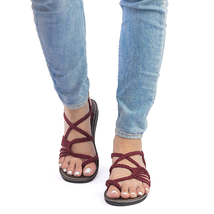 Hand woven sandals Burgundy Rope on model