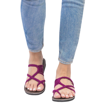 Hand woven sandals African Violet on model