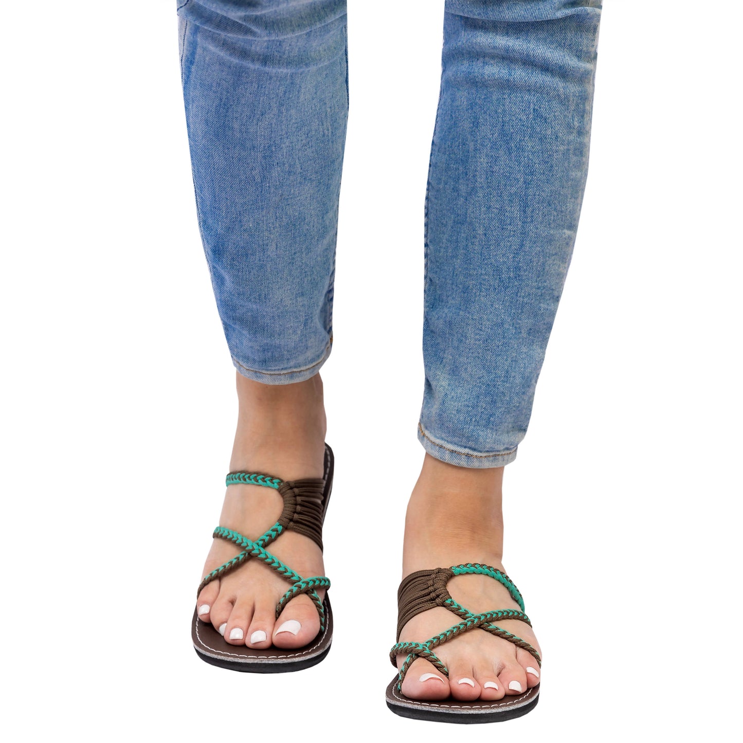 Hand woven sandals Turquoise Gray on model