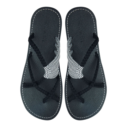 Oceanbliss Black Zebra Rope Sandals Black White Crisscross design Flat Handmade sandals for women