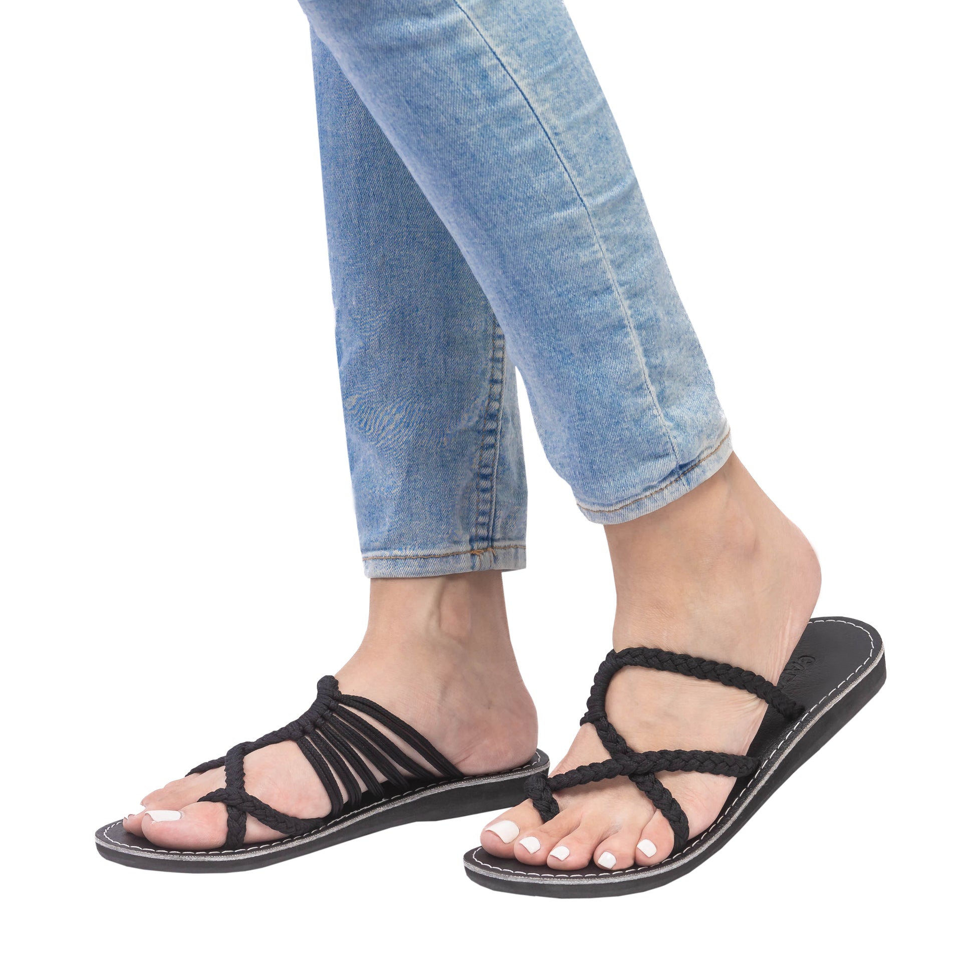 Hand woven sandals Classic Black on model