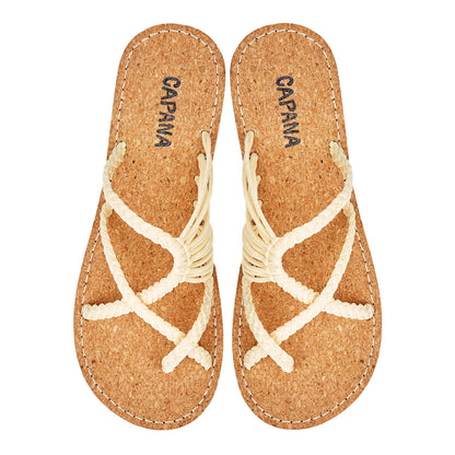 Oceanbliss Cream Cork Rope Sandals Egg shell Crisscross design Flat Handmade sandals for women