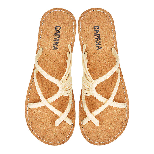 Oceanbliss Cream Cork Rope Sandals Egg shell Crisscross design Flat Handmade sandals for women