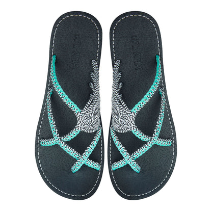 Oceanbliss Turquoise Zebra Rope Sandals Teal Black White Crisscross design Flat Handmade sandals for women