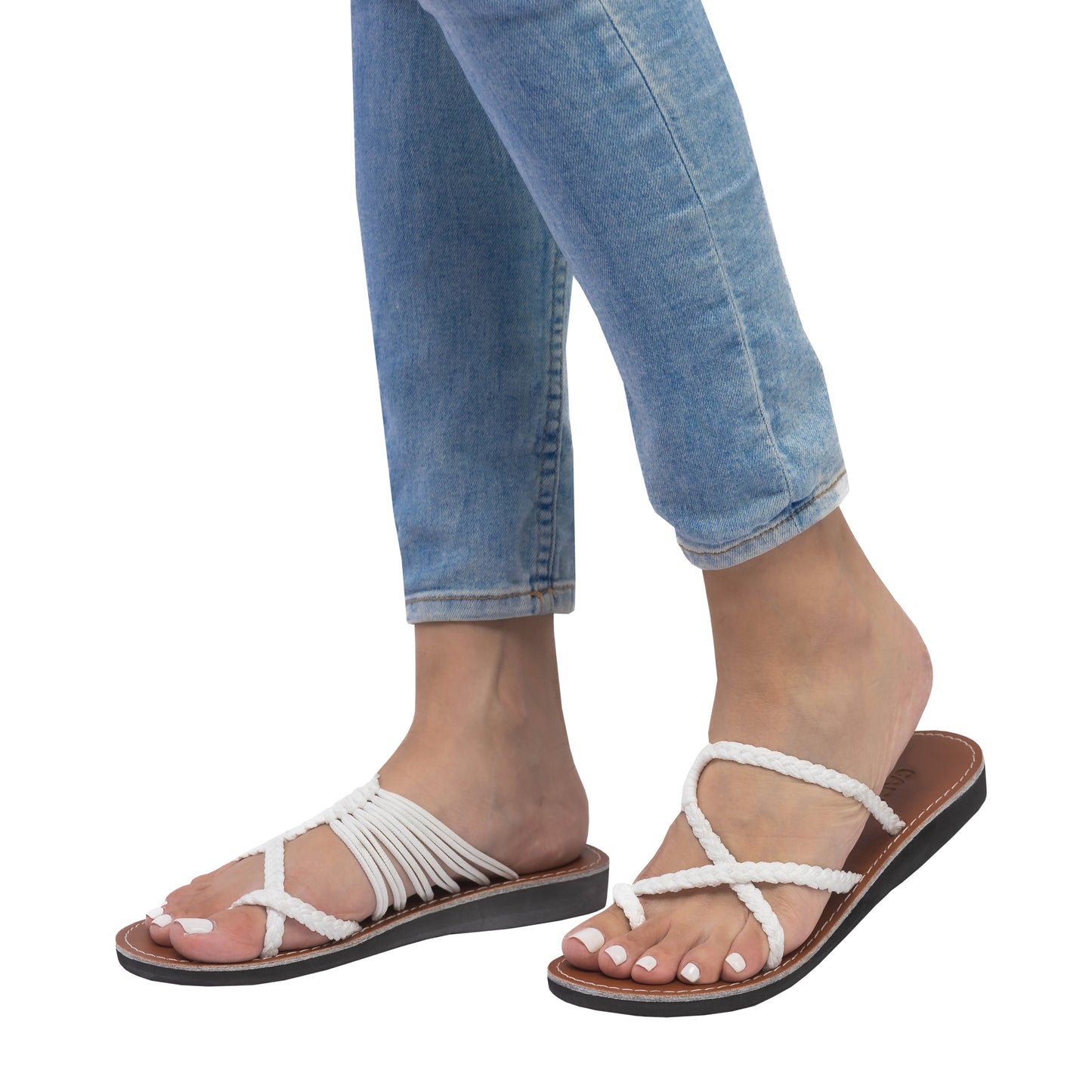 Hand woven sandals White on model