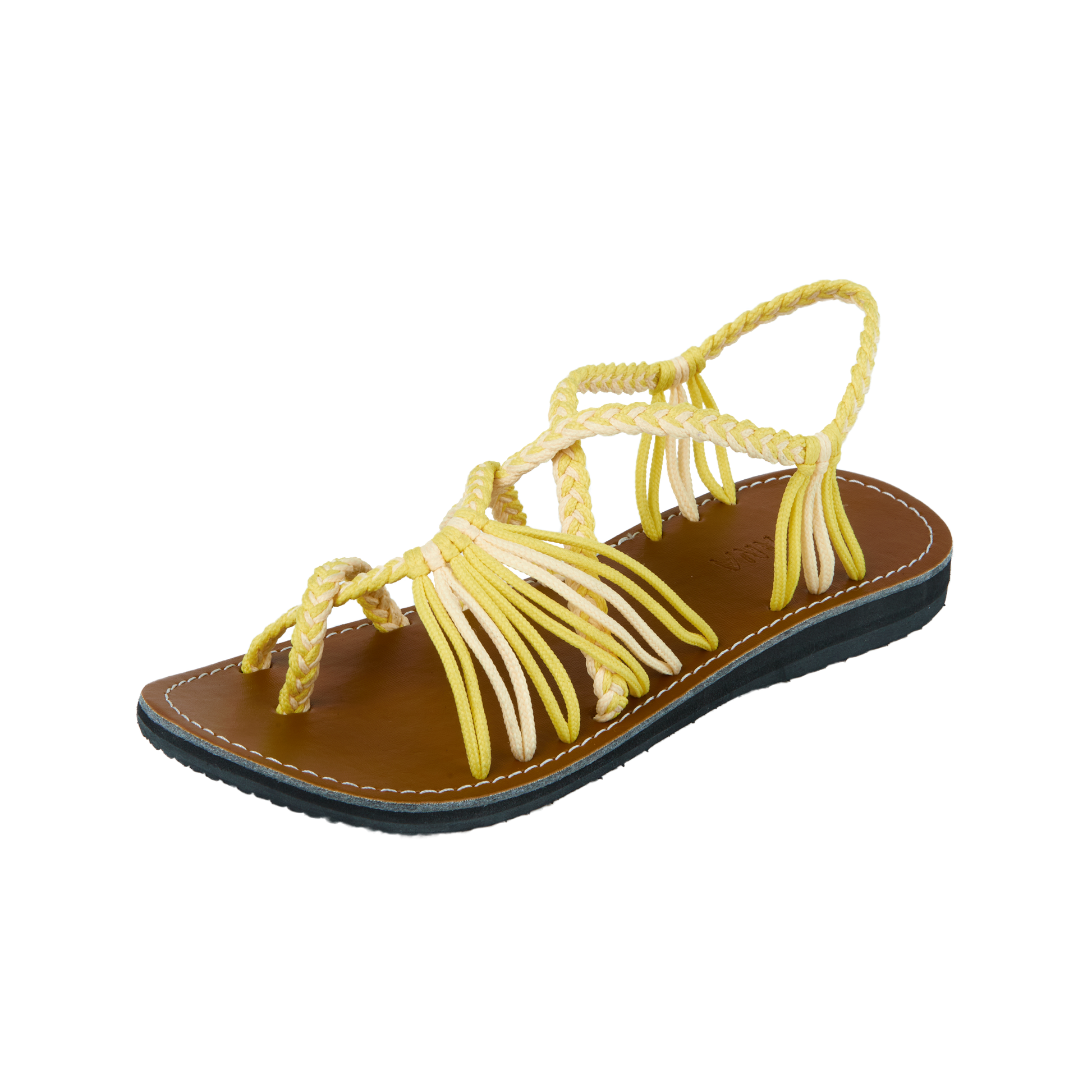 Hand woven sandals Yellow Cream Rope Sandals on the side  in white background