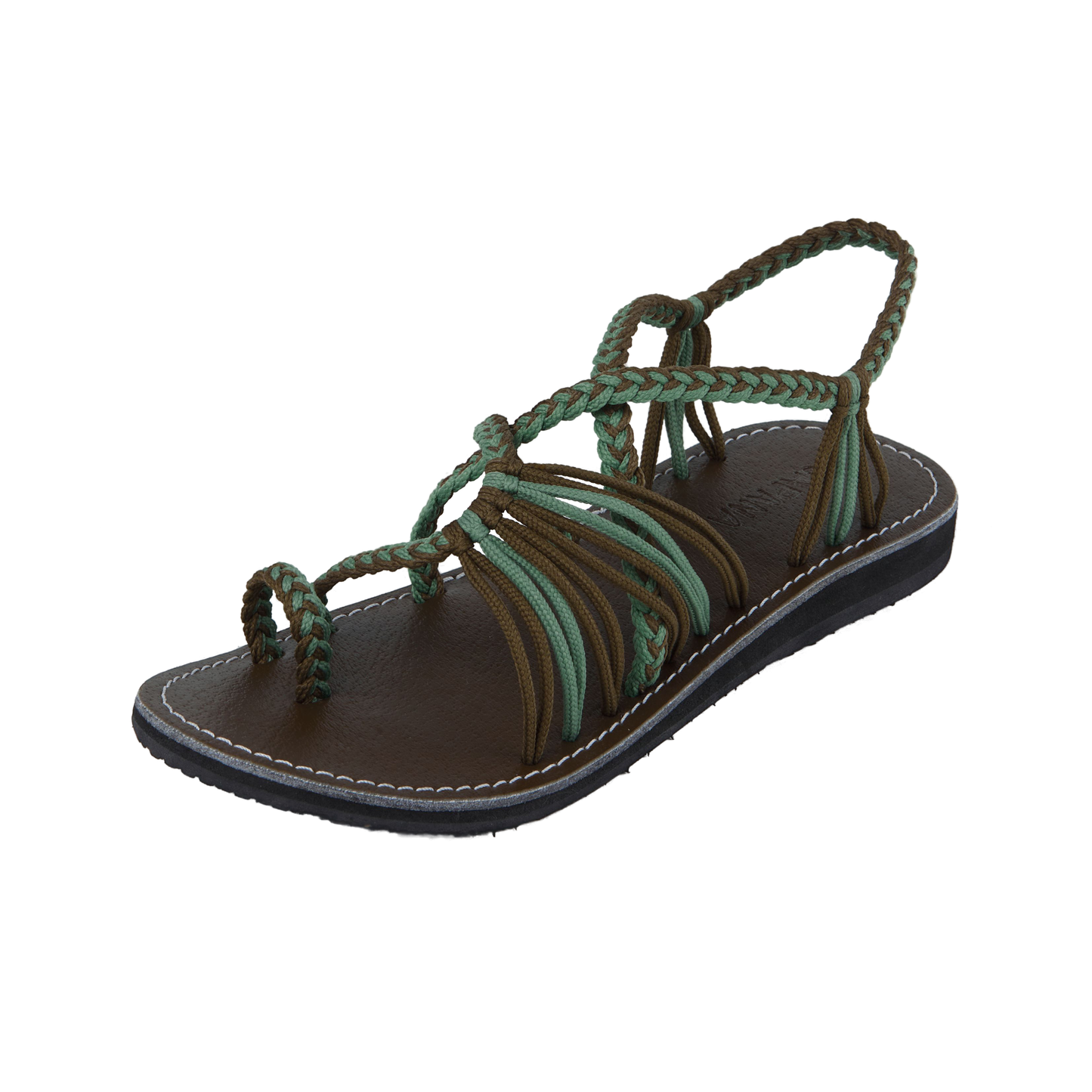 Hand woven sandals Green tea-Taupe Rope Sandals on the side  in white background