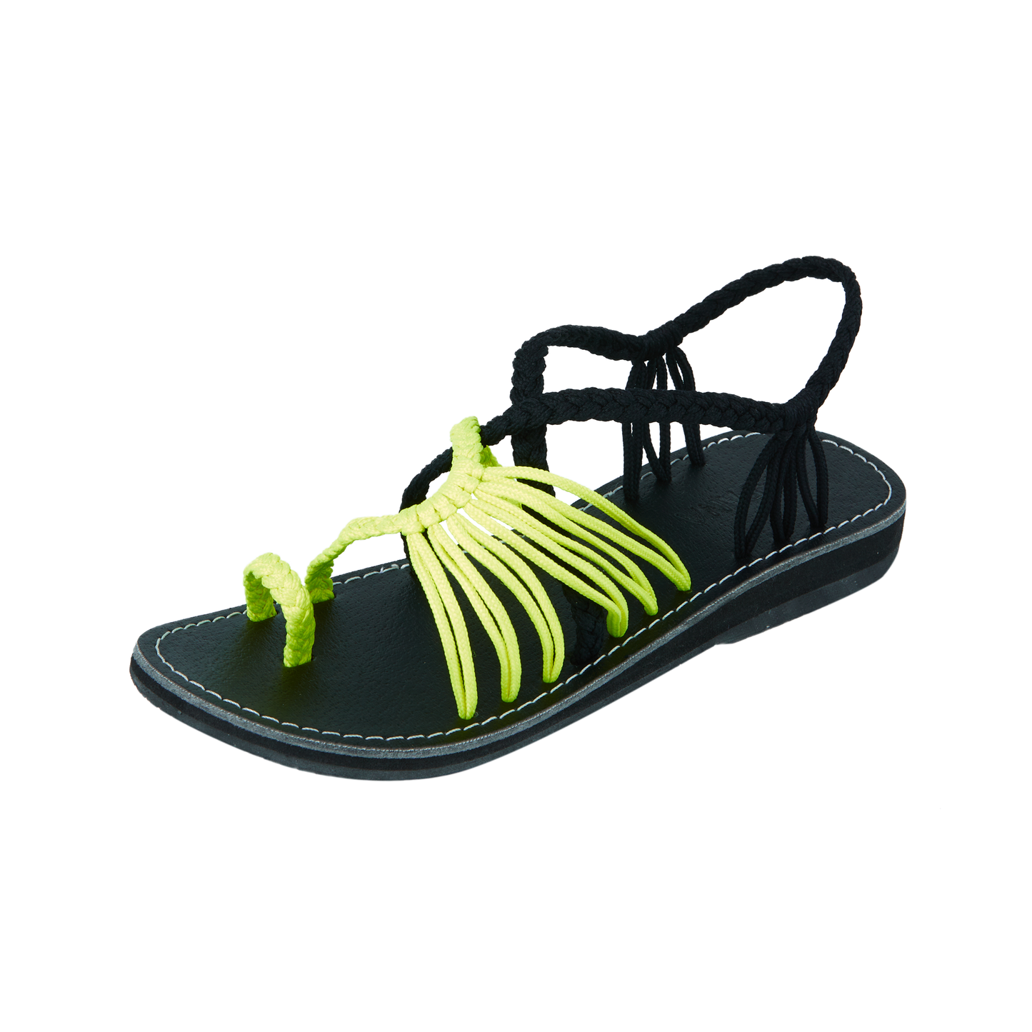 Hand woven sandals Neon Black Rope Sandals on the side  in white background