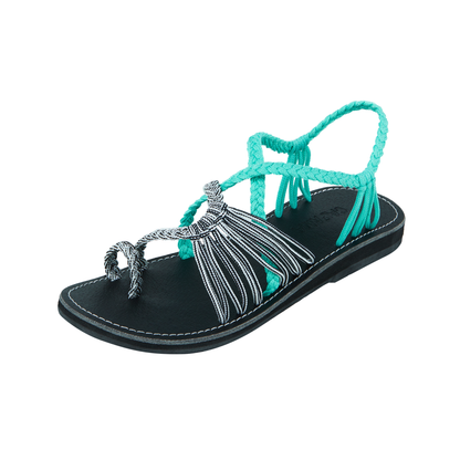 Hand woven sandals Turquoise Zebra Rope Sandals on the side  in white background
