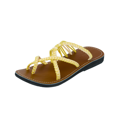 Hand woven sandals Yellow Cream Rope Sandals on the side  in white background