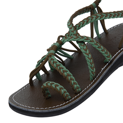 Hand woven sandals Green tea-Taupe Rope Sandals on the side close up  in white background