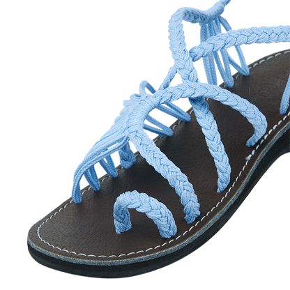 Hand woven sandals Maya Blue Rope Sandals on the side  in white background