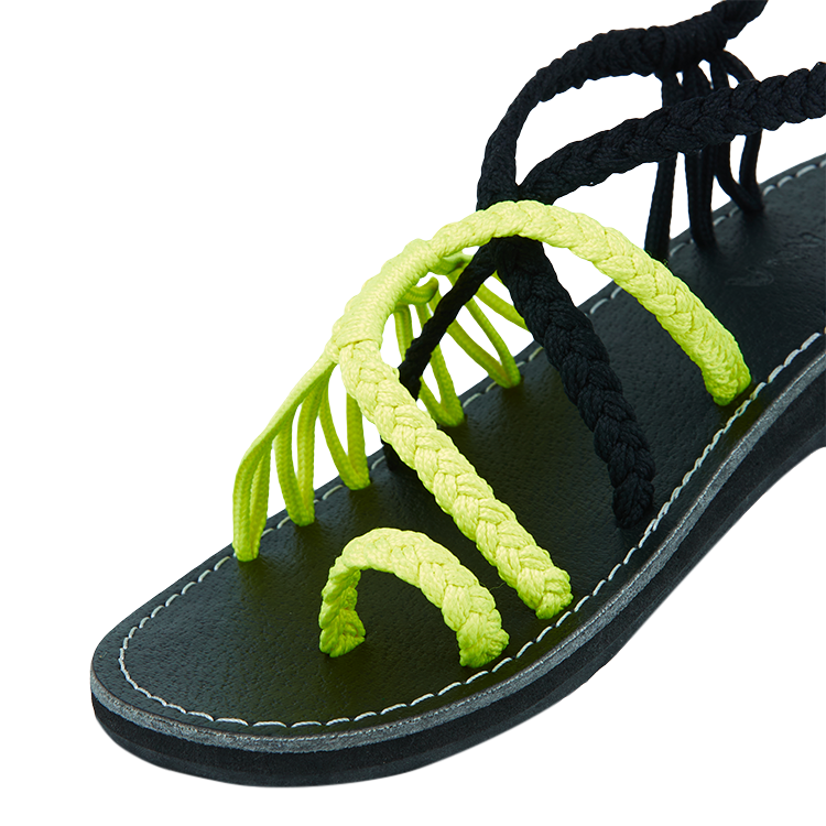 Hand woven sandals Neon Black Rope Sandals on the side close up in white background