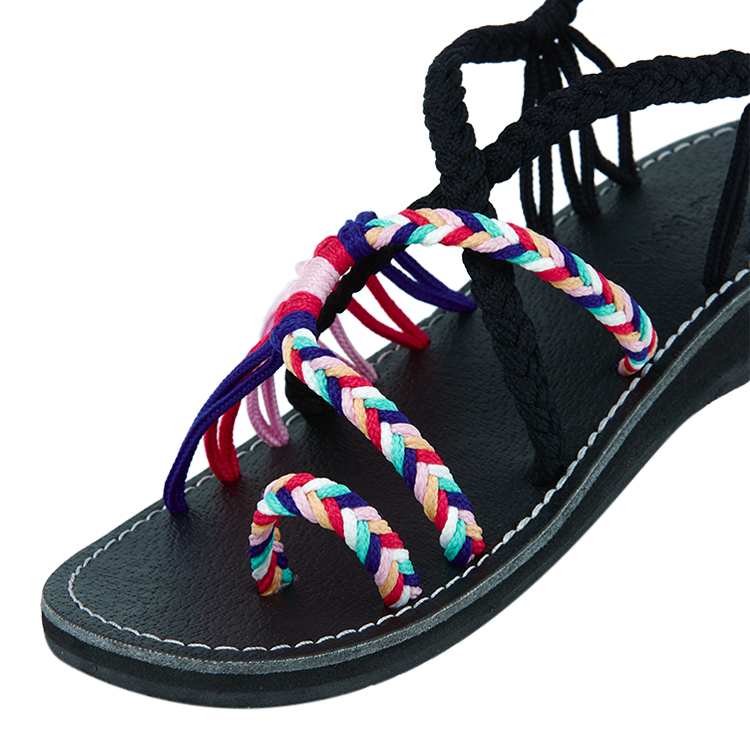 Hand woven sandals Party Black Rope Sandals on the side close up in white background