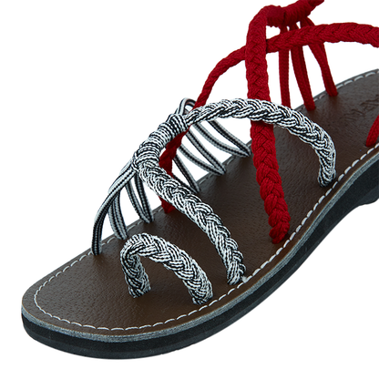Hand woven sandals Red Zebra Rope Sandals on the side close up in white background