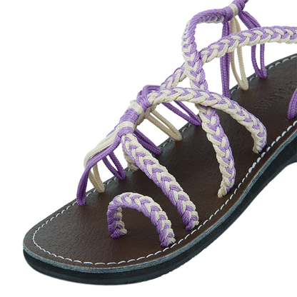 Hand woven sandals Taro Lavender Rope Sandals on the side close up in white background