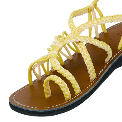 Hand woven sandals Yellow Cream Rope Sandals on the side close up in white background