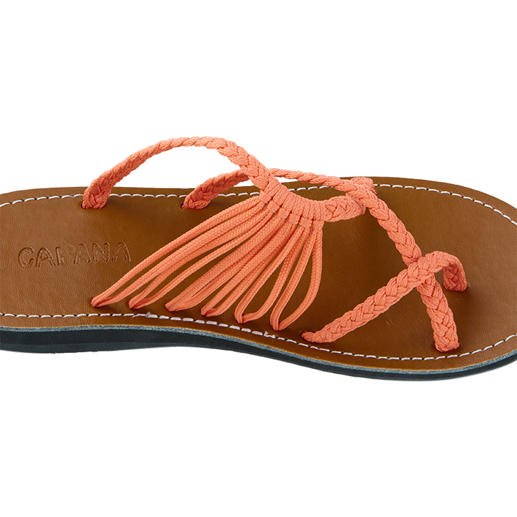 Hand woven sandals Salmon Rope Sandals on the side close up in white background