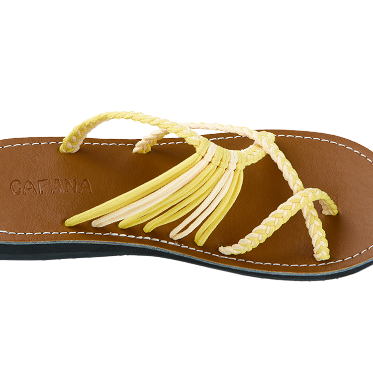 Hand woven sandals Yellow Cream Rope Sandals on the side close up in white background